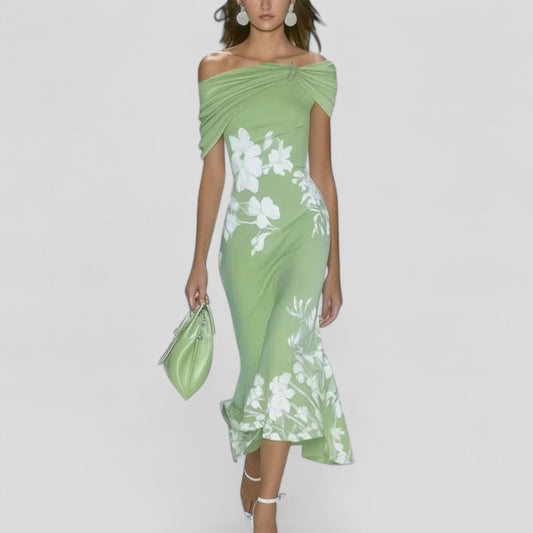 Women's Off-Shoulder Floral Midi Bodycon Dress