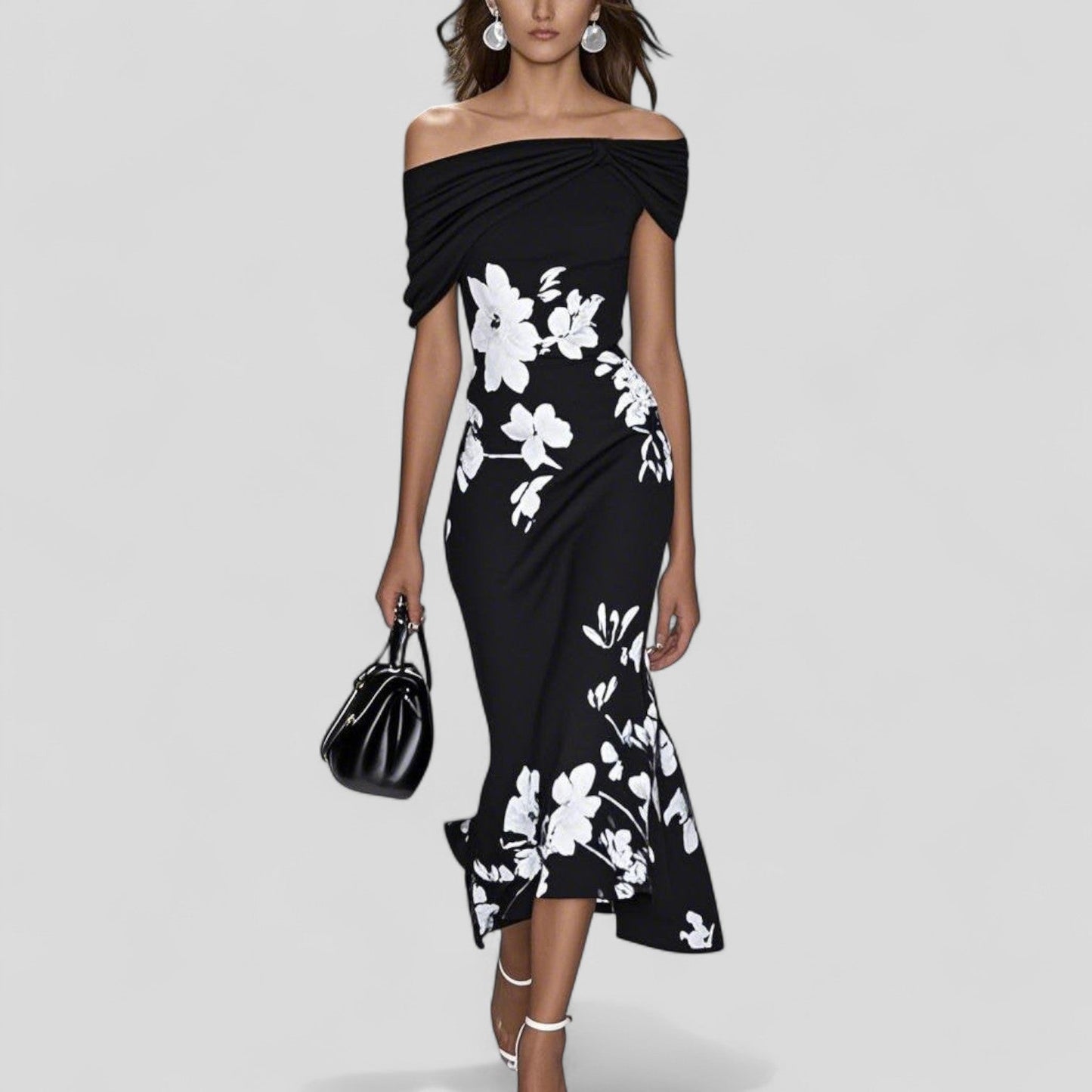 Women's Off-Shoulder Floral Midi Bodycon Dress