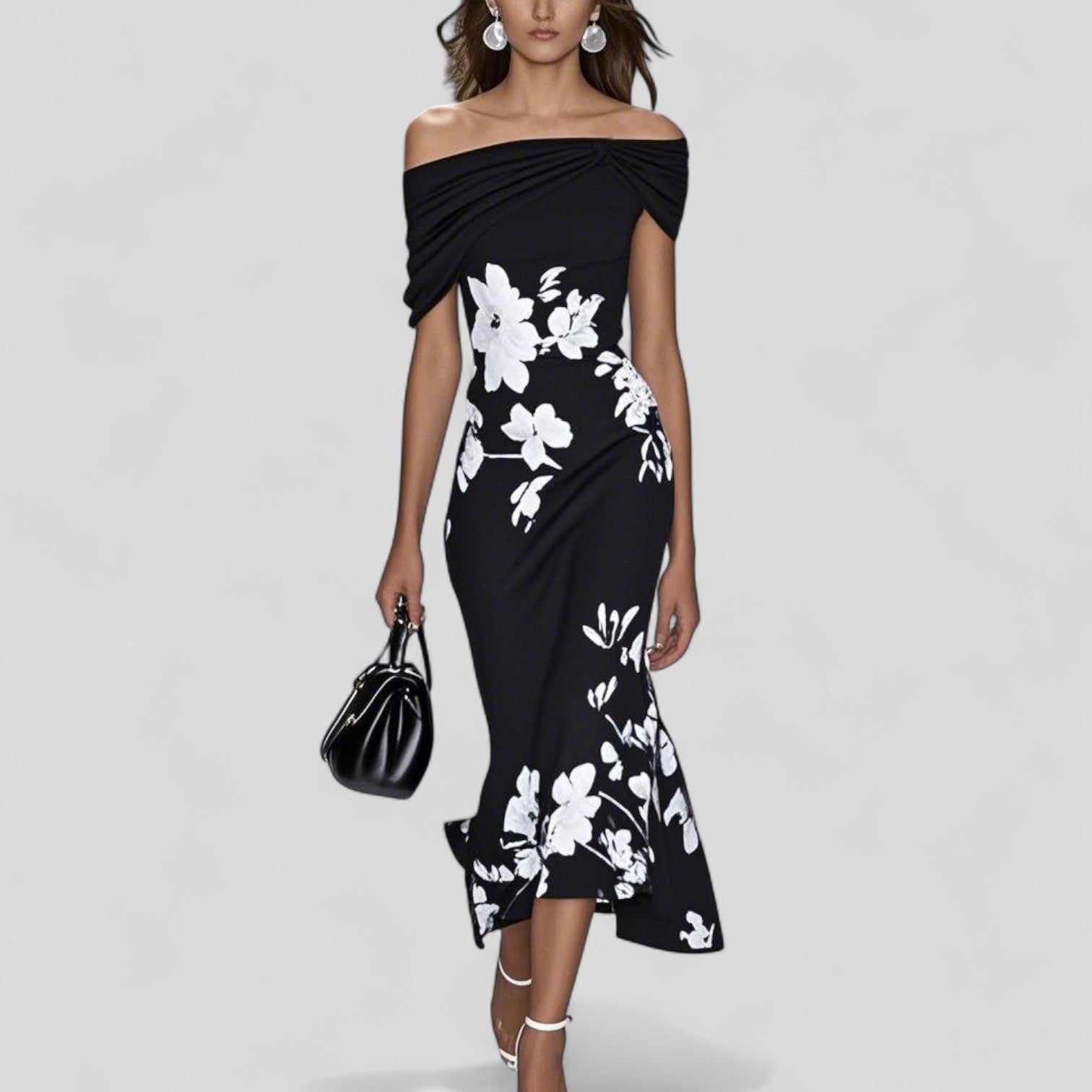 Women's Off-Shoulder Floral Midi Bodycon Dress