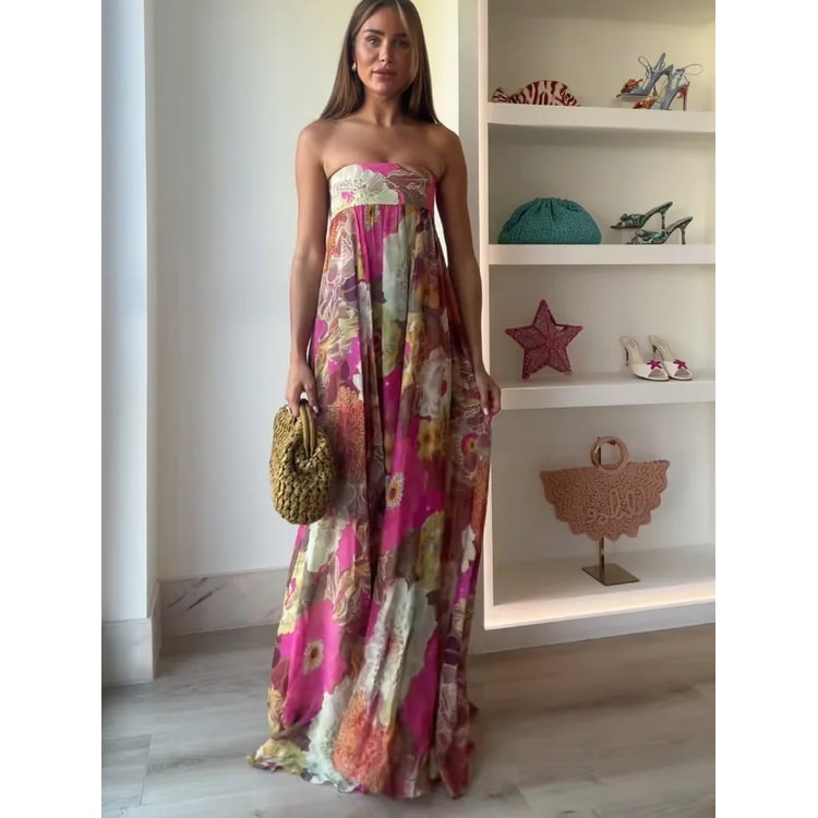 Women's Pink Floral Maxi Dress | Strapless Floor-Length - Image 1
