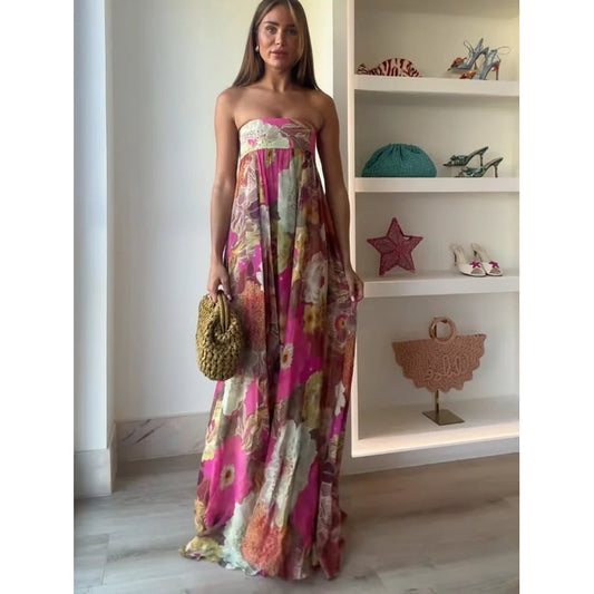 Women's Pink Floral Maxi Dress | Strapless Floor-Length - Image 1