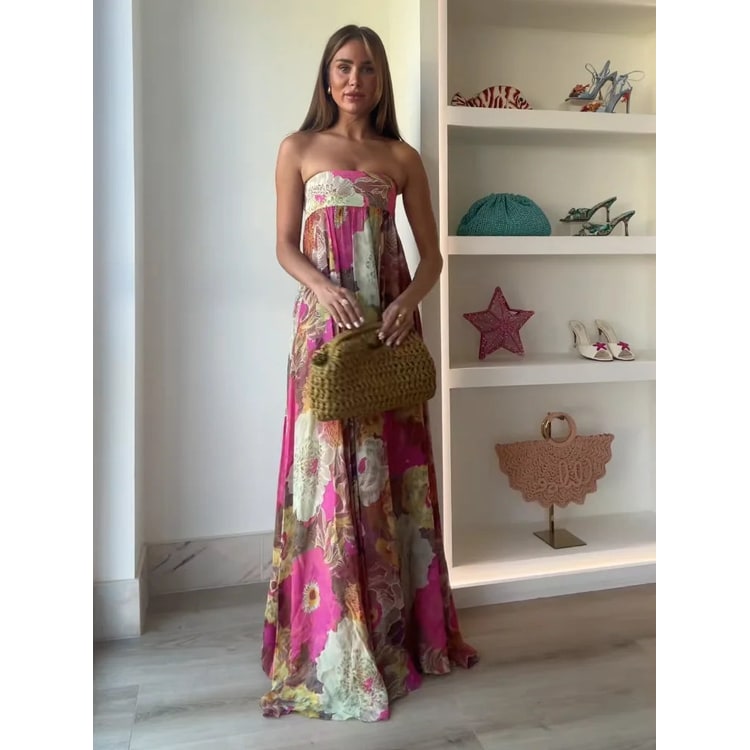 Women's Pink Floral Maxi Dress | Strapless Floor-Length - Image 3