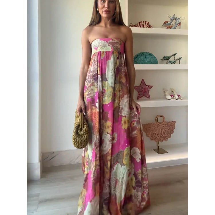 Women's Pink Floral Maxi Dress | Strapless Floor-Length - Image 4