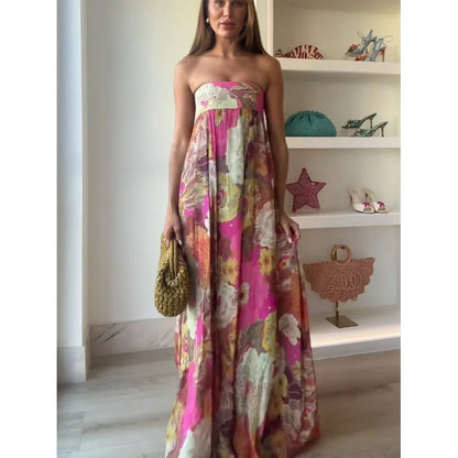 Women's Pink Floral Maxi Dress | Strapless Floor-Length - Image 4