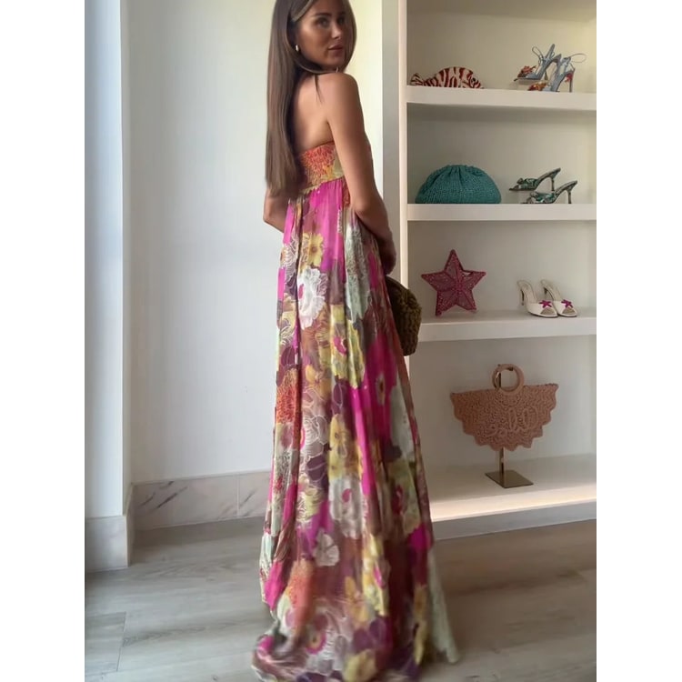 Women's Pink Floral Maxi Dress | Strapless Floor-Length - Image 5
