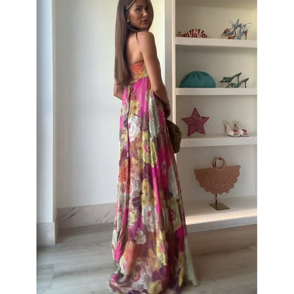 Women's Pink Floral Maxi Dress | Strapless Floor-Length - Image 5