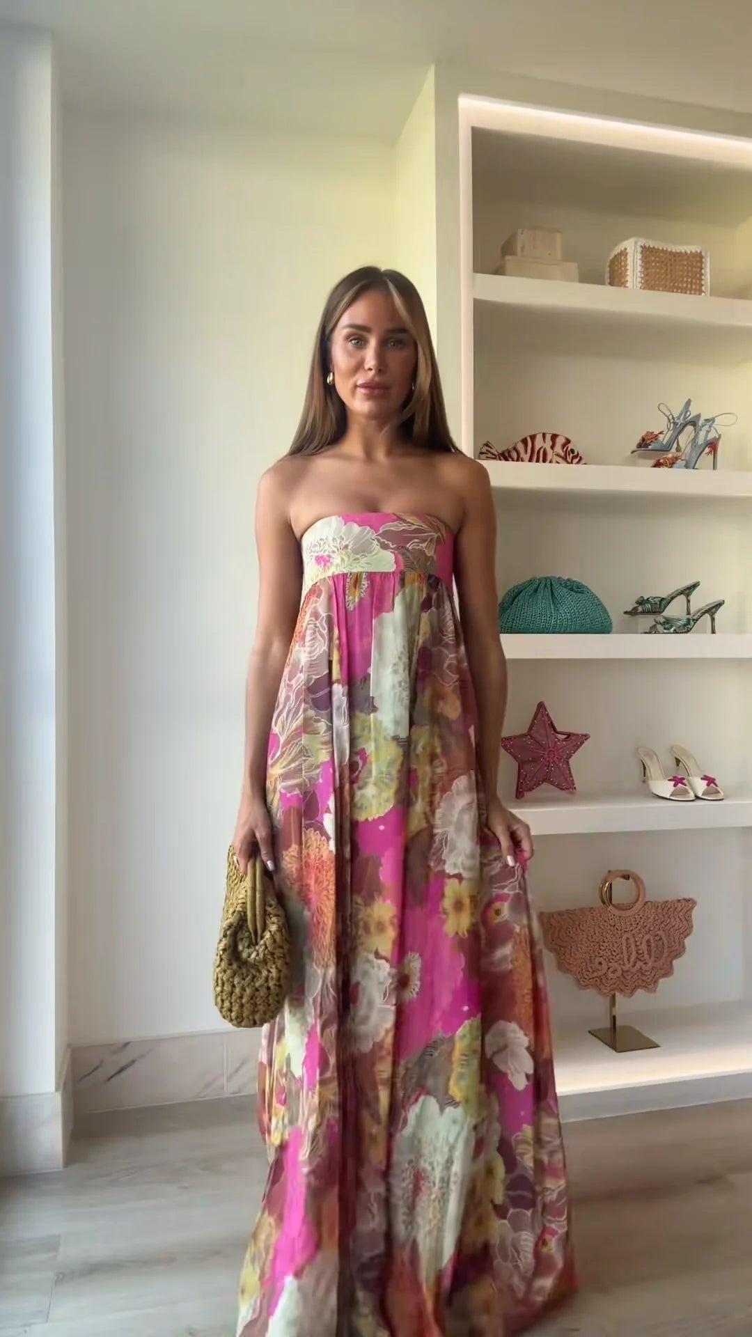 Women's Pink Floral Maxi Dress | Strapless Floor-Length - Image 7