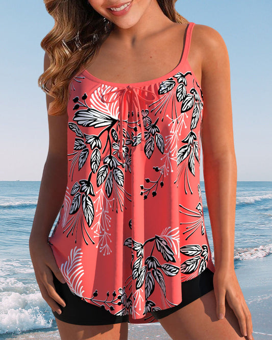Women's Printed Tankini Set with Padded Top and Longer Coverage