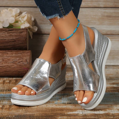 Women's Shiny Metallic Buckle Strap Wedge Sandals
