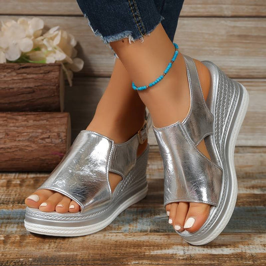 Women's Shiny Metallic Buckle Strap Wedge Sandals