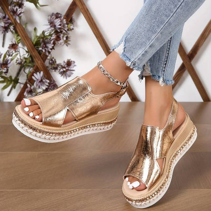 Women's Shiny Metallic Buckle Strap Wedge Sandals