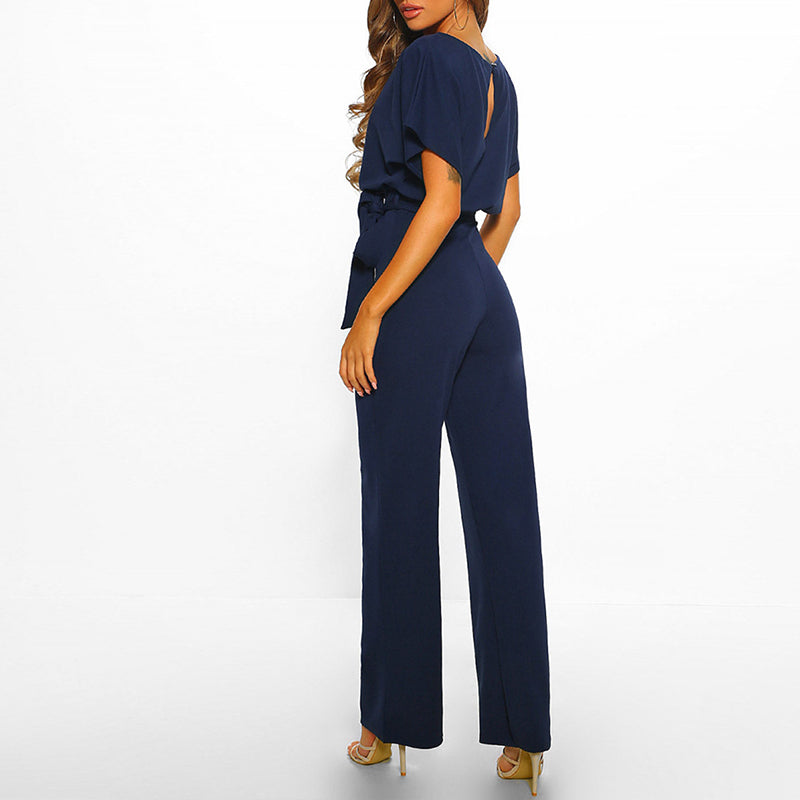 Women's Short Sleeve Wide Leg Belted Jumpsuit
