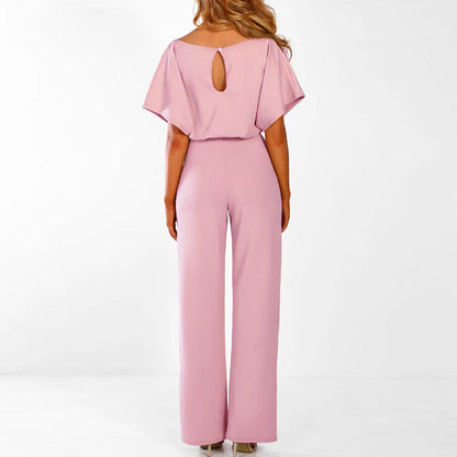 Women's Short Sleeve Wide Leg Belted Jumpsuit