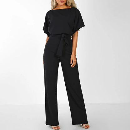Women's Short Sleeve Wide Leg Belted Jumpsuit
