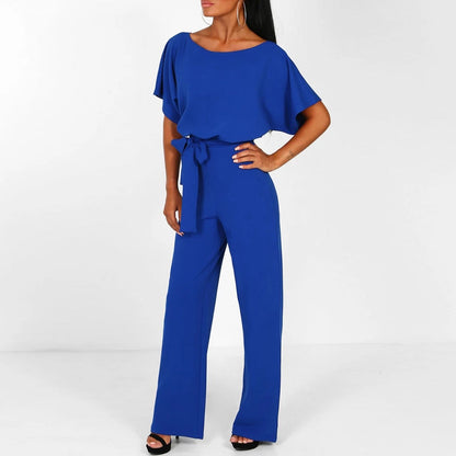 Women's Short Sleeve Wide Leg Belted Jumpsuit