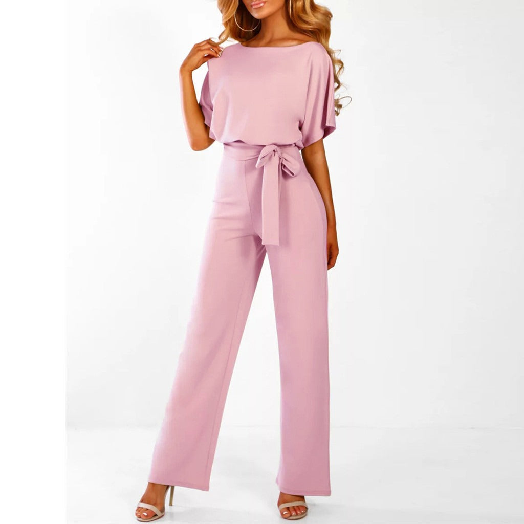 Women's Short Sleeve Wide Leg Belted Jumpsuit