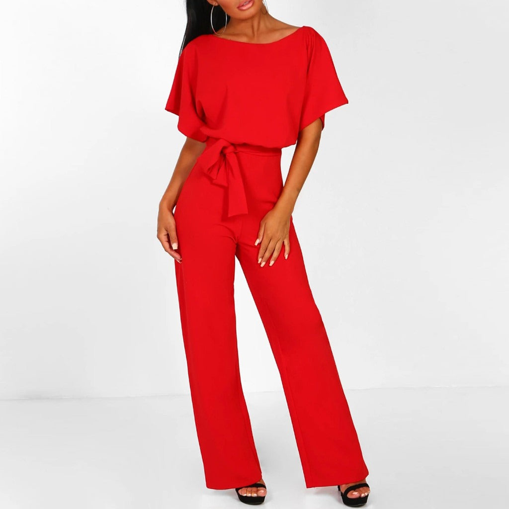 Women's Short Sleeve Wide Leg Belted Jumpsuit