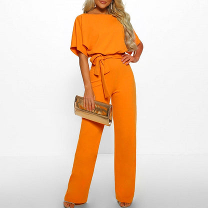 Women's Short Sleeve Wide Leg Belted Jumpsuit