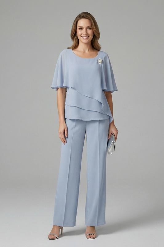 Women's Two-Piece Pants Set Layered Cape-Sleeve Top | Outfit - Image 2