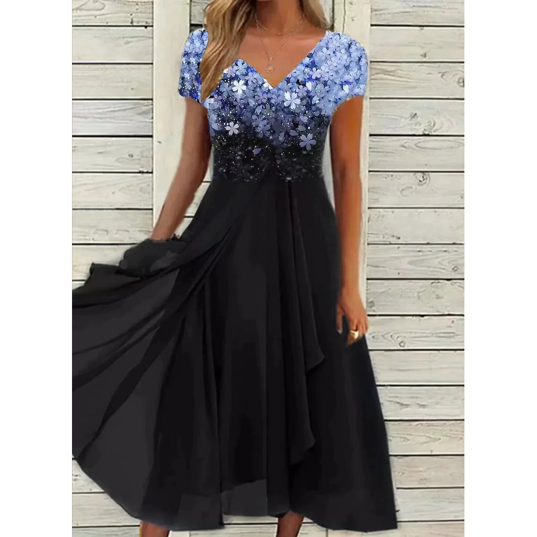 Women's Two-Tone V-Neck Cocktail Dress | Flowy Midi Dress for Wedding - Image 1