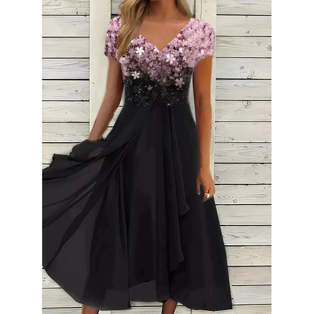 Women's Two-Tone V-Neck Cocktail Dress | Flowy Midi Dress for Wedding - Image 2