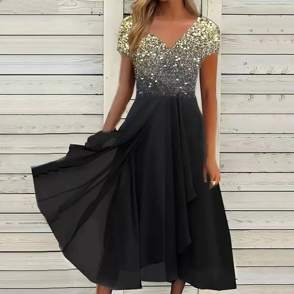 Women's Two-Tone V-Neck Cocktail Dress | Flowy Midi Dress for Wedding - Image 3