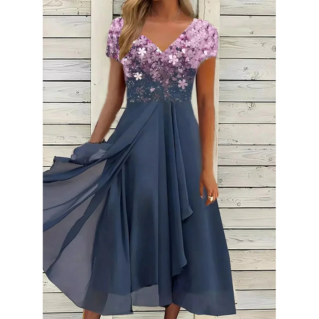 Women's Two-Tone V-Neck Cocktail Dress | Flowy Midi Dress for Wedding - Image 4