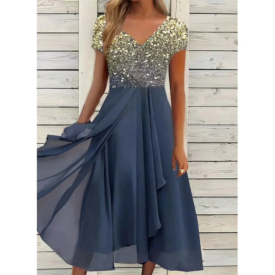 Women's Two-Tone V-Neck Cocktail Dress | Flowy Midi Dress for Wedding - Image 6