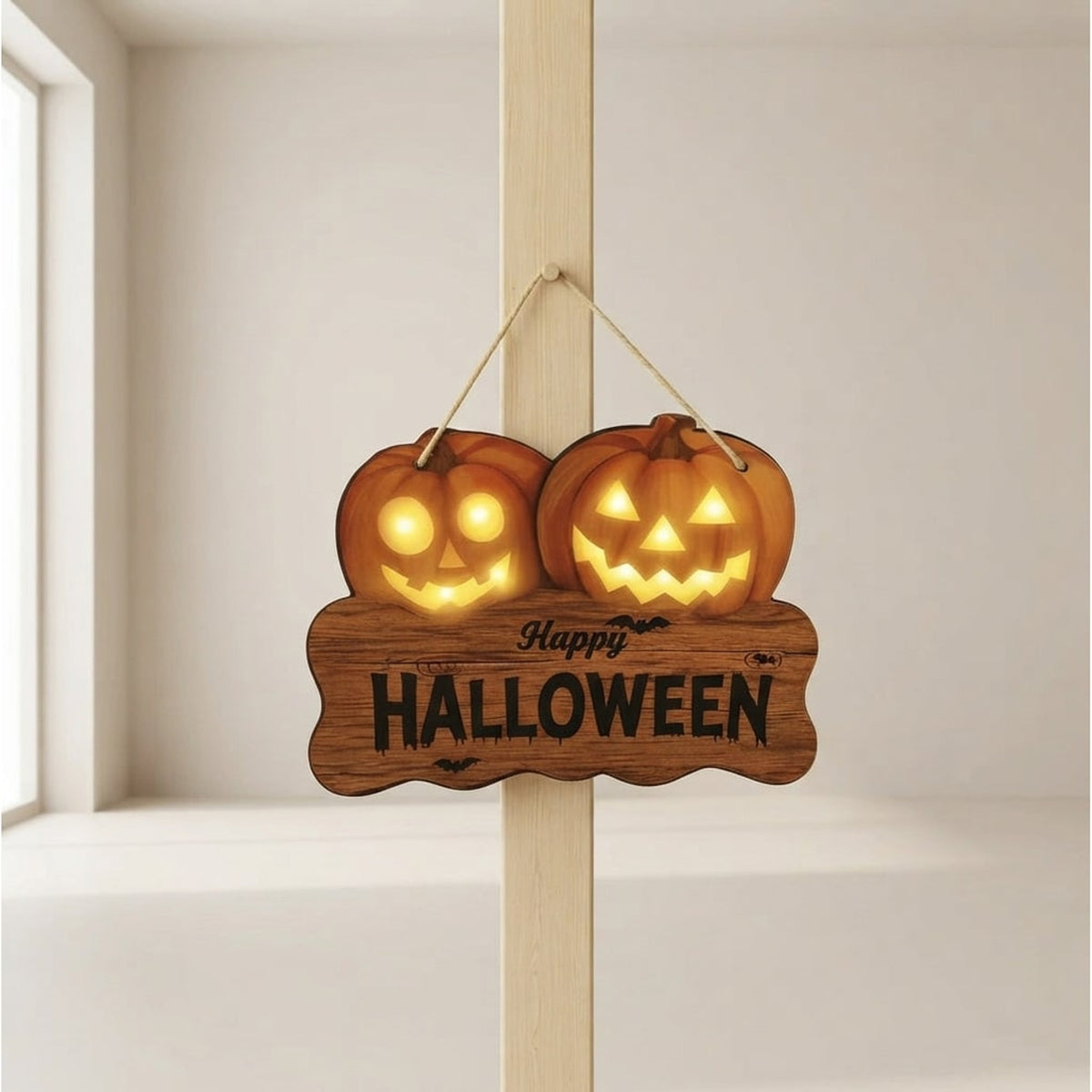 Wooden Halloween Sign With Integrated Glowing Pumpkins Hanging Decoration For Indoor And Outdoor Display - Image 1