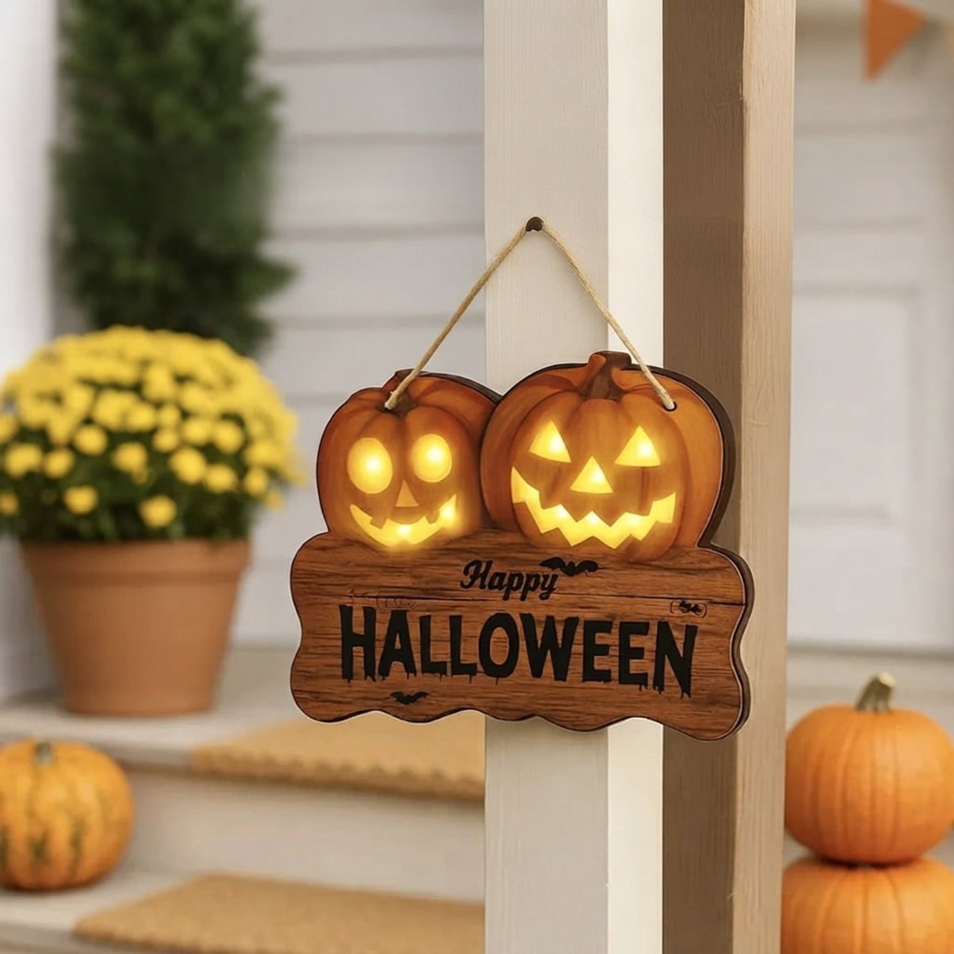Wooden Halloween Sign With Integrated Glowing Pumpkins Hanging Decoration For Indoor And Outdoor Display - Image 2